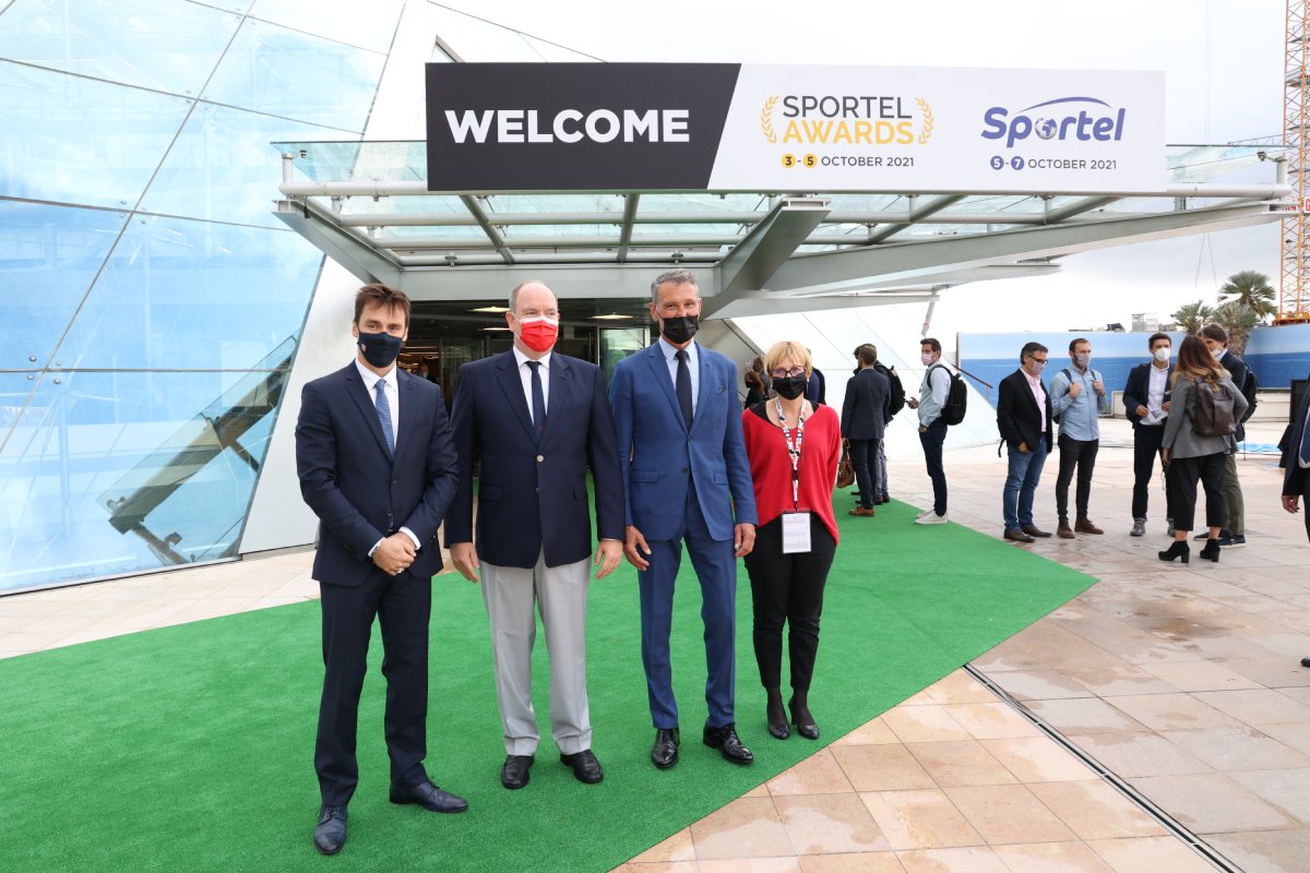 H.S.H. Crown Prince Albert of Monaco, Arnaud Ducruet, Laurent Puons, CEO of Monaco Mediax, and Lara Isoardo, Executive Director of SPORTEL Events
