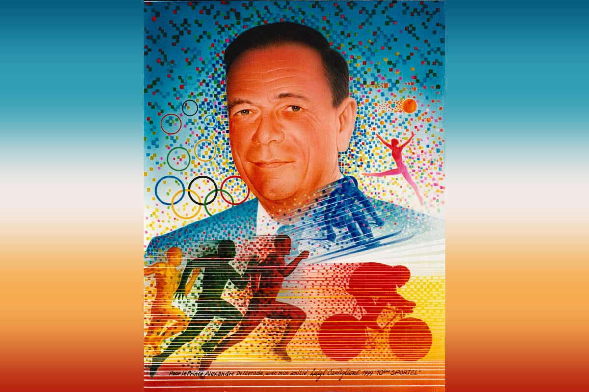 Prince Alexandre de Merode. Oeuvre réalisée à l’occasion des 10 ans de SPORTEL par Luigi Castiglioni, Artiste peintre et affichiste.