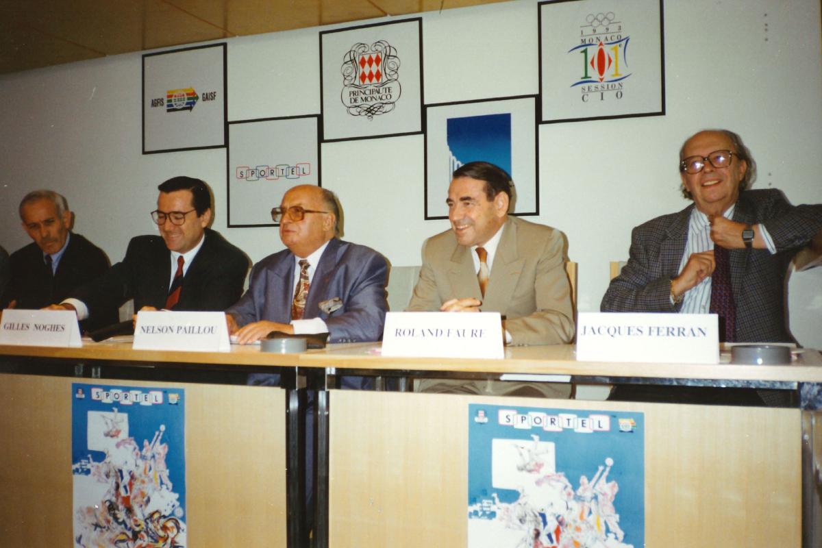 Gilles Noghès (Vice-President), Nelson Paillou (President of the French Handball Federation), Roland Faure (President URTI, French Superior Council Audiovisual Member, President of the International Symposium, Executive Committee Vice-President), Jacques Ferran (President, AICVS, Journalist, France Football CEO, Symposium Committee Member)